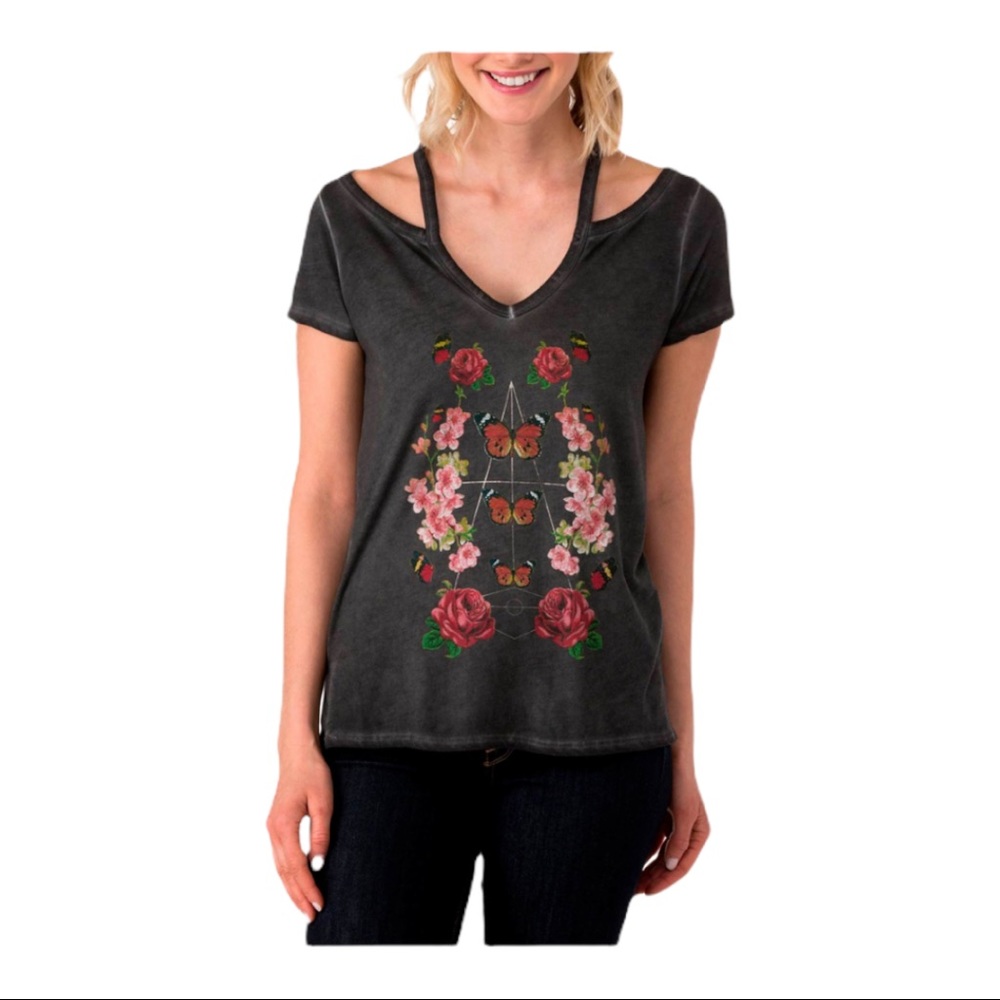 Lucky Brand Size Medium Grey Cold Shoulder Butterfly Triangle Floral Shirt